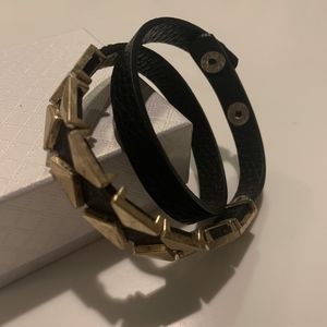 Black leather and gold wrap bracelet